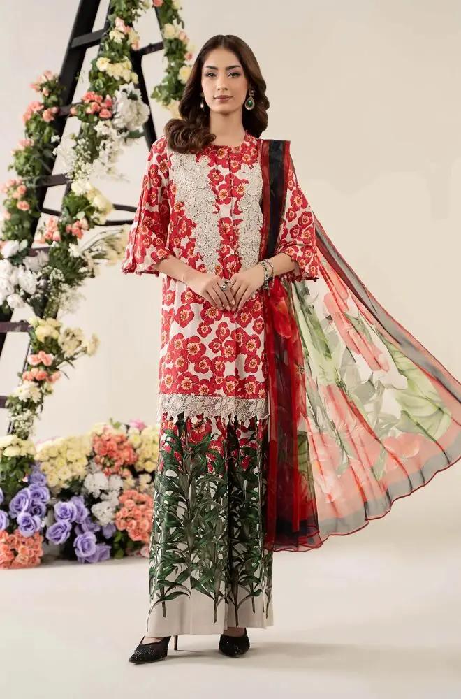 MARIA B-3PC LAWN EMBROIDERED SHIRT WITH MONARK PRINT DUPATTA & TROUSER-ADR-3775 main image 0