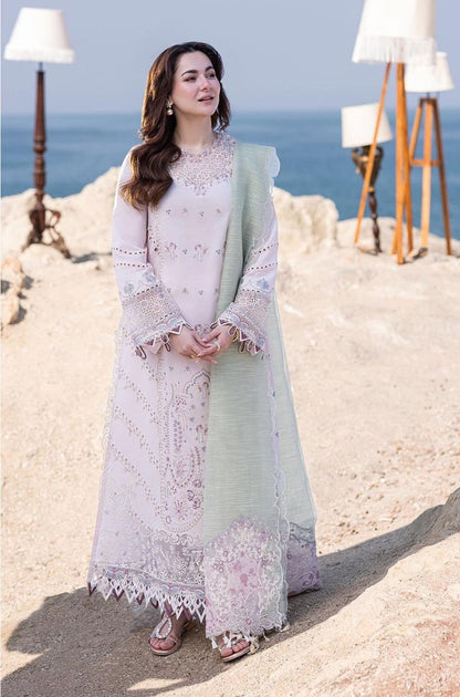 Qalamkaar - 3PC Unstitched Lawn Chicken Kari Embroidered Shirt with Embroidered Slub Net Dupatta - RF1042