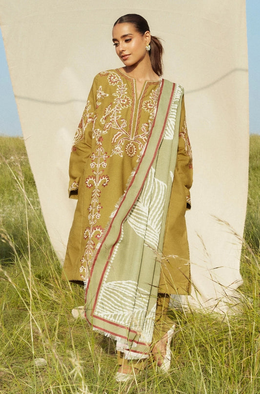 Zara Shah Jahan - 3PC Unstitched Dhanak Embroidered Shirt with Printed Pashmina Wool Shawl and Trouser - RF1256