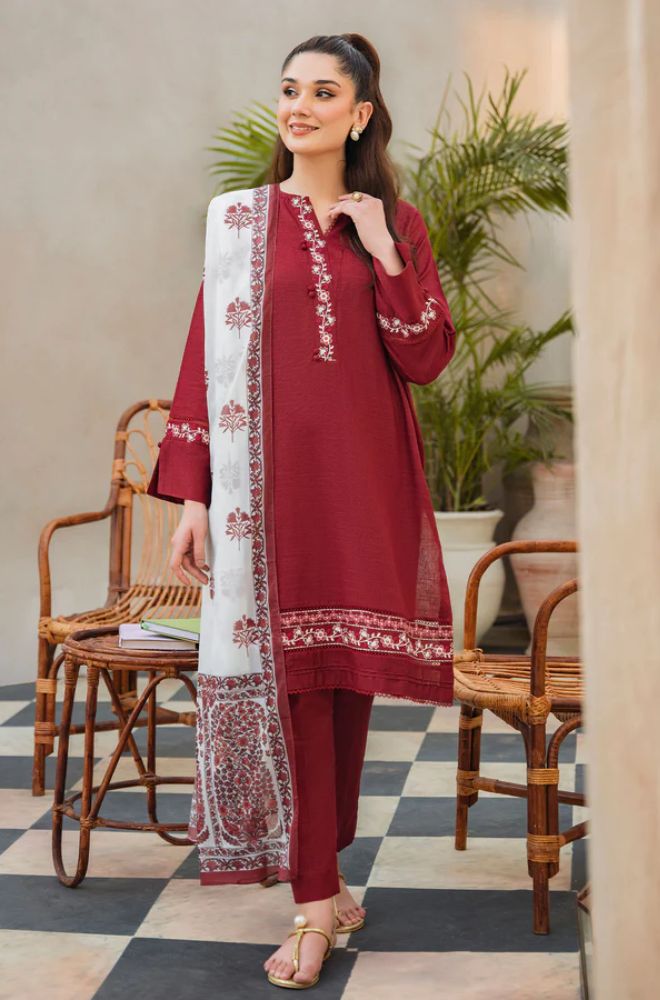 ZIVA - 3PC Unstitched Khaddar Embroidered Shirt with Tissue Silk Dupatta and Plain Trouser - RF0998