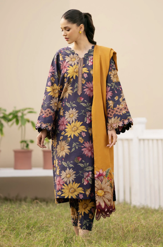 Baroque - 3PC Unstitched kranadi Printed Shirt with Embroidered Neck Patch and Trouser with Printed Karandi Dupatta - RF1130