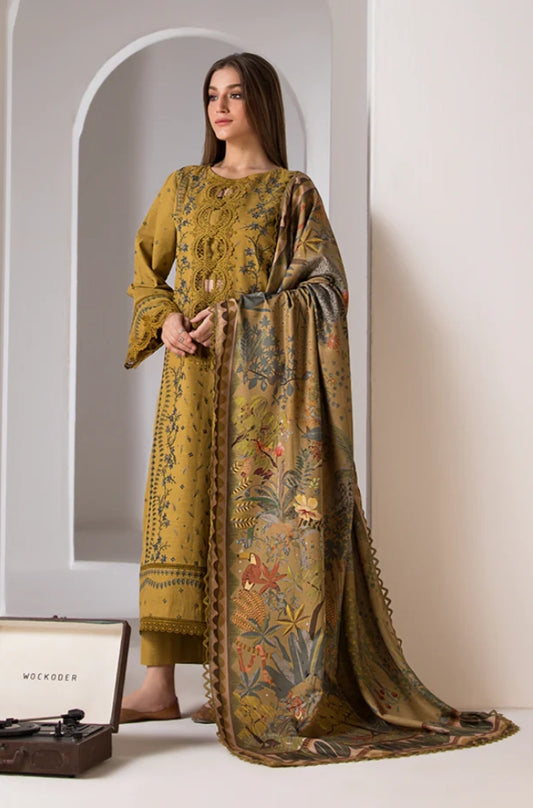 Sobia Nazir - 3PC Unstitched Dhanak Embroidered Shirt with Printed Shawl - RF1299