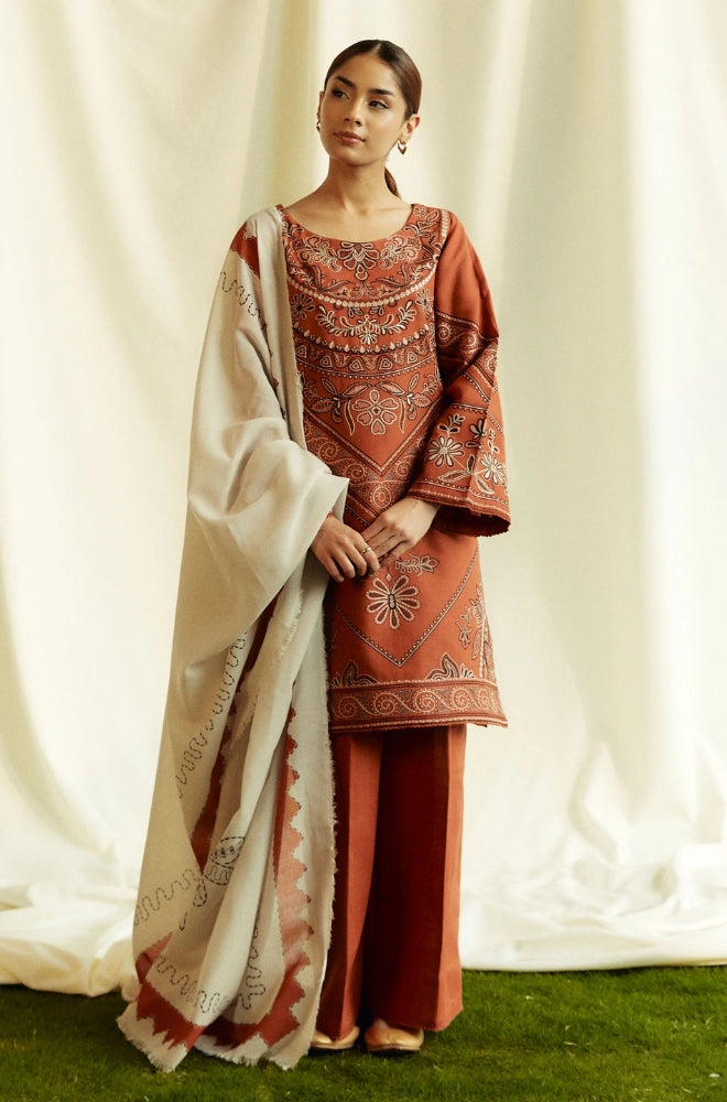 Zara Shah Jahan - 3PC Unstitched Dhanak Embroidered Shirt with Printed Pashmina Shawl and Trouser - RF1261