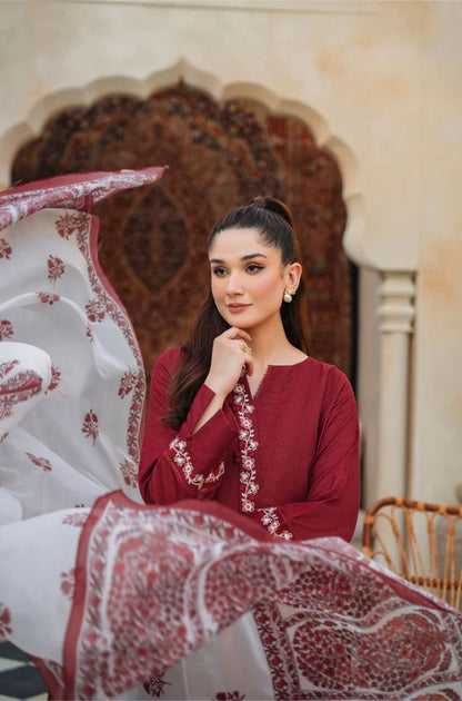 ZIVA - 3PC Unstitched Khaddar Embroidered Shirt with Tissue Silk Dupatta and Plain Trouser - RF0998