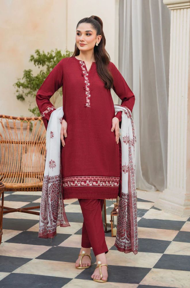 ZIVA - 3PC Unstitched Khaddar Embroidered Shirt with Tissue Silk Dupatta and Plain Trouser - RF0998