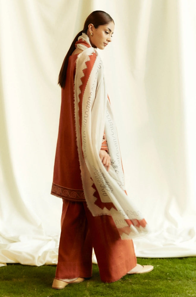 Zara Shah Jahan - 3PC Unstitched Dhanak Embroidered Shirt with Printed Pashmina Shawl and Trouser - RF1261