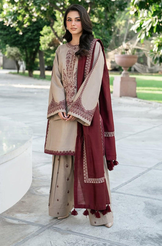 Baroque - 3PC Unstitched Dhanak Embroidered Shirt with Embroidered Dhanak Shawl and Trousers - RF1295