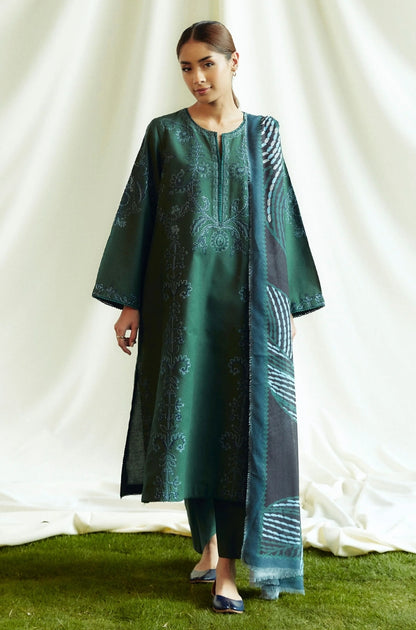 Zara Shah Jahan - 3PC Unstitched Dhanak Embroidered Shirt with Printed Pashmina Shawl and Trouser - RF1262