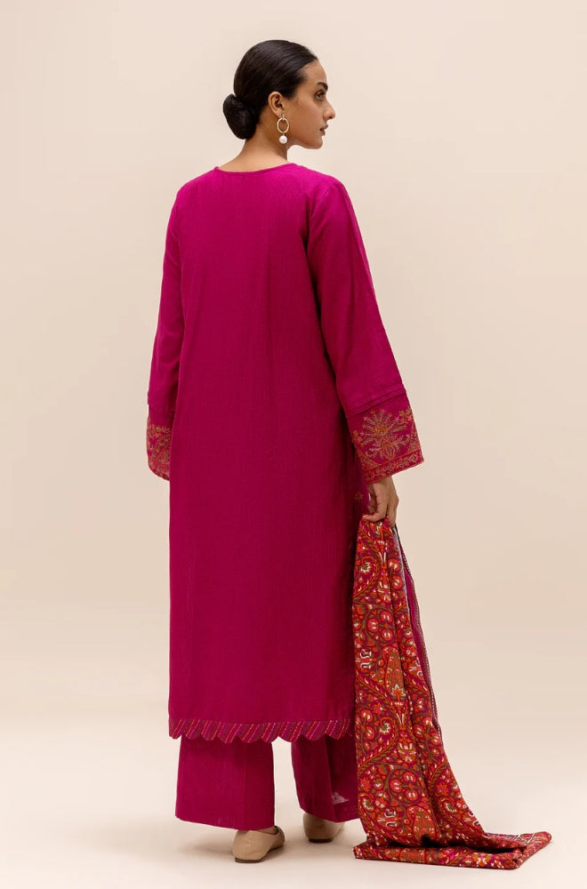 Beechtree - 3PC Unstitched Dhanak Embroidered Shirt with Printed Pashmina Wool Shawl and Trouser - RF1273