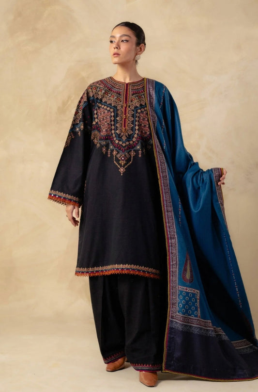 Zara Shah Jahan - 3PC Unstitched Dhanak Embroidered Shirt with Printed Shawl and Trouser - RF1290