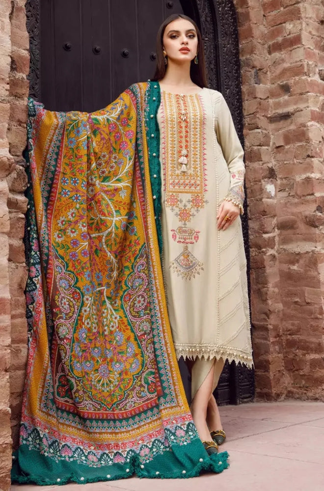 Maria B - 3PC Unstitched Dhanak Embroidered Shirt with Printed Pashmina Wool Shawl and Trouser - RF0896