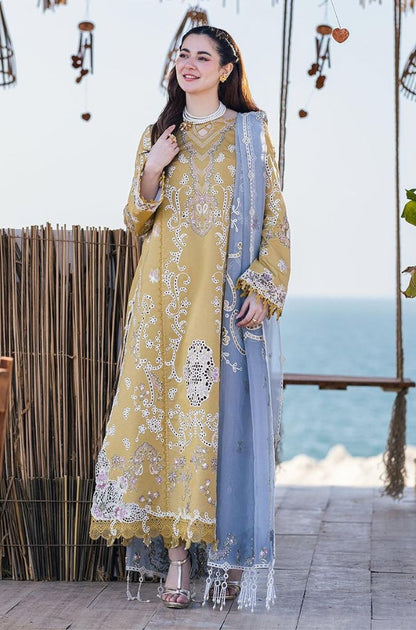 Qalamkaar - 3PC Unstitched Lawn Chicken Kari Embroidered Shirt with Embroidered Slub Net Dupatta - RF1040