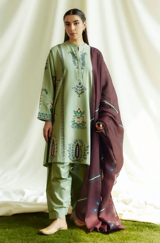 Zara Shah Jahan - 3PC Unstitched Dhanak Embroidered Shirt with Printed Pashmina Shawl and Trouser - RF1258