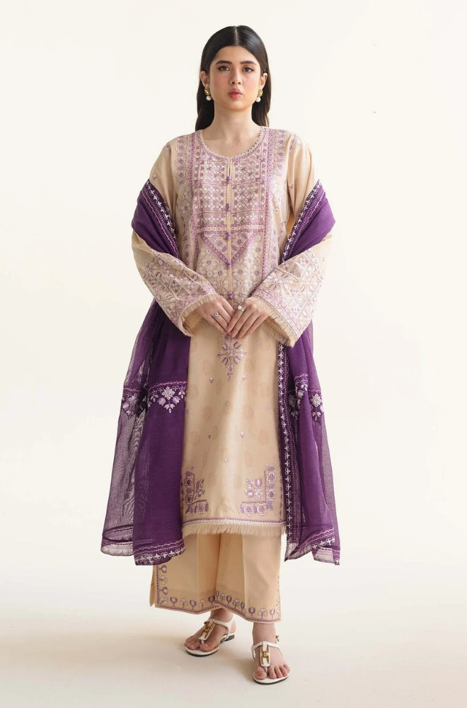 Zara Shah Jahan - 3PC unstiched Lawn Embroidered Shirt With Printed Slub net Dupata and Plan Trouser - RF1100