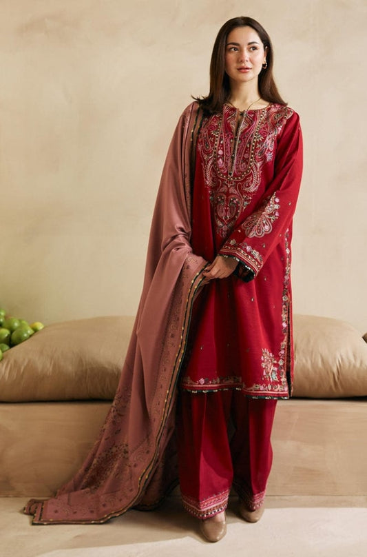 Zara Shah Jahan - 3PC Unstitched Dhanak Embroidered Shirt with Embroidered Back and Pashmina Printed Shawl - RF1145