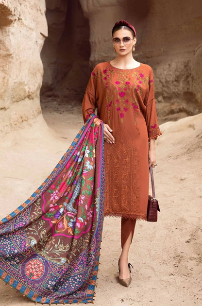 Maria B - 3PC Unstitched Dhanak Embroidered Shirt with Printed Wool Shawl and Trouser - RF1207