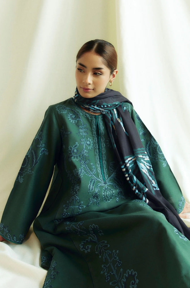 Zara Shah Jahan - 3PC Unstitched Dhanak Embroidered Shirt with Printed Pashmina Shawl and Trouser - RF1262