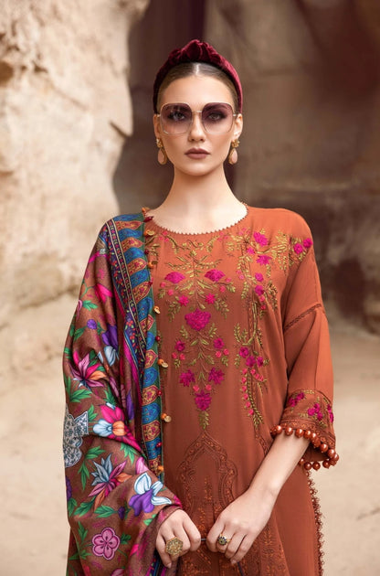 Maria B - 3PC Unstitched Dhanak Embroidered Shirt with Printed Wool Shawl and Trouser - RF1207