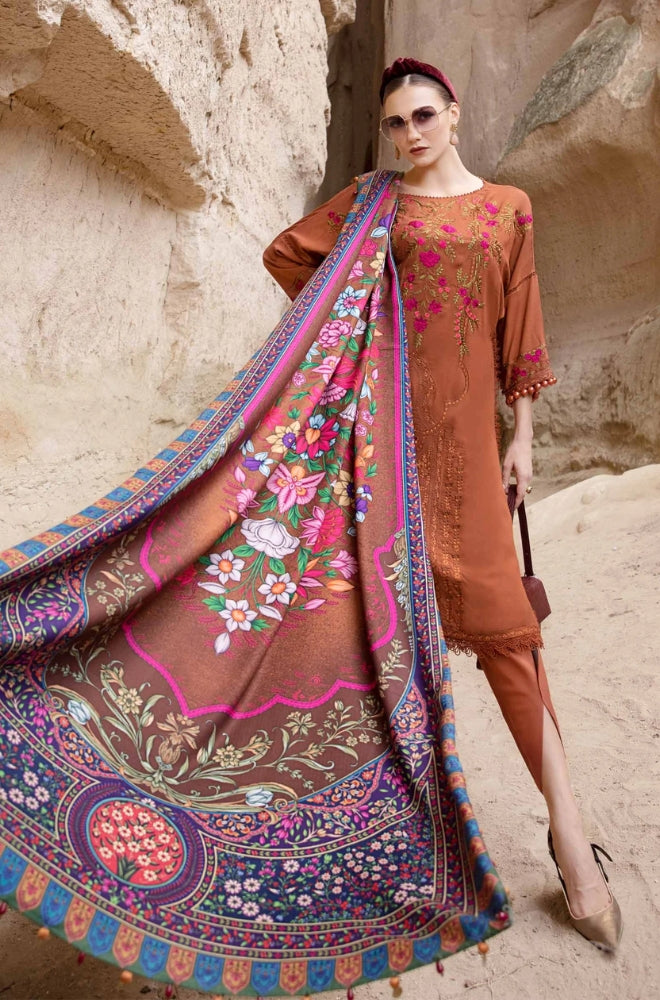 Maria B - 3PC Unstitched Dhanak Embroidered Shirt with Printed Wool Shawl and Trouser - RF1207