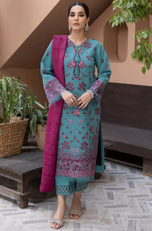 Rang Rasiya - 3PC Unstitched Dhanak Embroidered Shirt with Dhanak Embroidered Shawl and Trouser - RF1209