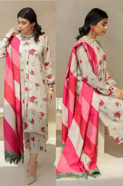 Baroque - 3PC Unstitched Printed Karandi Shirt with Printed Karandi Dupatta and Trouser - RF1127