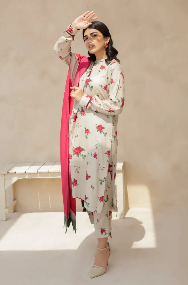 Baroque - 3PC Unstitched Printed Karandi Shirt with Printed Karandi Dupatta and Trouser - RF1127