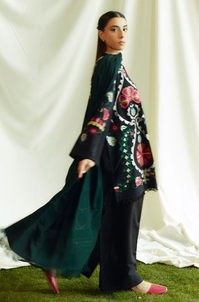 Zara Shah Jahan - 3PC Unstitched Dhanak Embroidered Shirt with Printed Pashmina Shawl and Trouser - RF1263