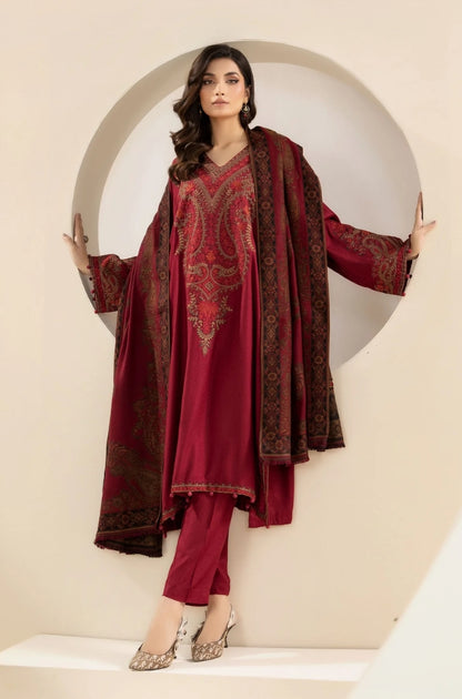 Maria B - 3PC Unstitched Dhanak Embroidered Shirt with Digital Printed Pashmina Shawl and Trouser - RF1190