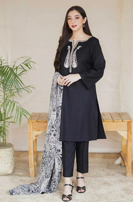 Aisling - 3PC Dhanak Embroidered Shirt with Dhanak Printed Wool Shawl and Trouser - RF1229