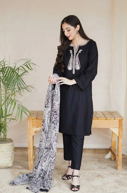 Aisling - 3PC Dhanak Embroidered Shirt with Dhanak Printed Wool Shawl and Trouser - RF1229