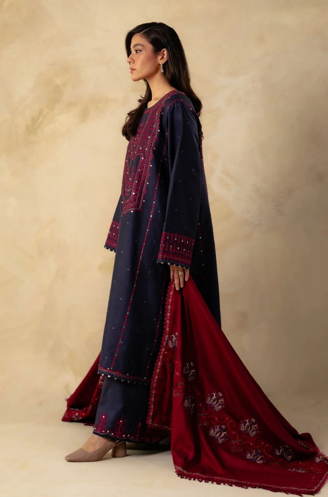 Zara Shah Jahan - 3PC Unstitched Dhanak Sequence Embroidered Shirt with Embroidered Dhanak Shawl and Trouser - RF1132