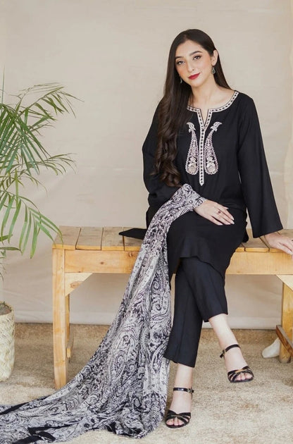 Aisling - 3PC Dhanak Embroidered Shirt with Dhanak Printed Wool Shawl and Trouser - RF1229