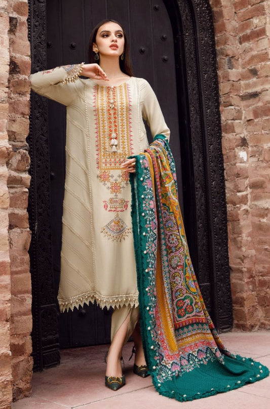 Maria B - 3PC Unstitched Dhanak Embroidered Shirt with Printed Pashmina Wool Shawl and Trouser - RF0896