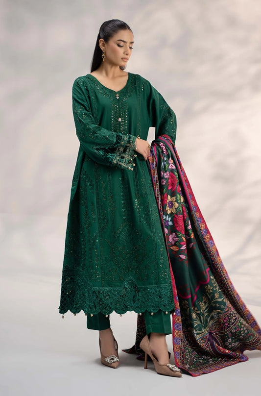 Maria B - 3PC Unstitched Khaddar Sequence Embroidered Front with Digital Printed Shawl and Plain Trouser - RF1278