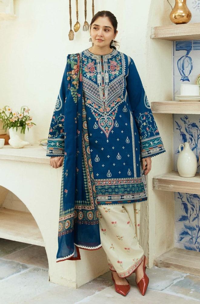 Zara Shah Jahan - 3PC Unstitched Lawn Embroidered Shirt with Digital Printed Silk Dupatta and Embroidered Trousers - RF1085