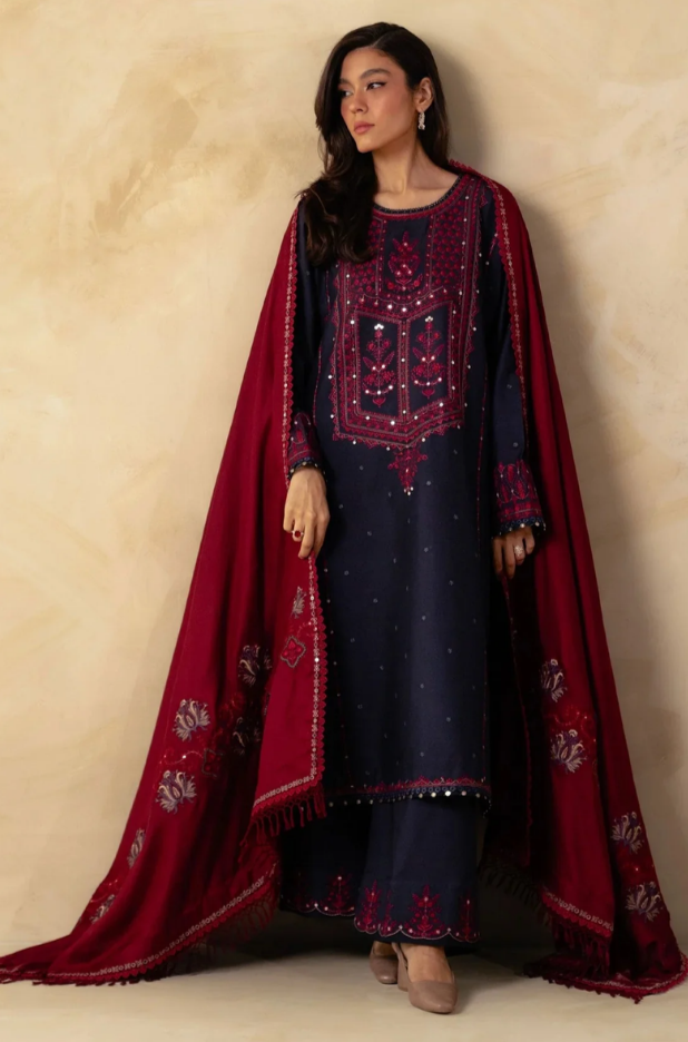 Zara Shah Jahan - 3PC Unstitched Dhanak Sequence Embroidered Shirt with Embroidered Dhanak Shawl and Trouser - RF1132