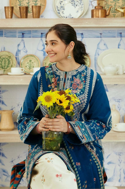 Zara Shah Jahan - 3PC Unstitched Lawn Embroidered Shirt with Digital Printed Silk Dupatta and Embroidered Trousers - RF1085