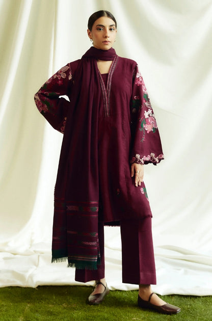 Zara Shah Jahan - 3PC Unstitched Dhanak Embroidered Shirt with Printed Pashmina Shawl and Trouser - RF1266