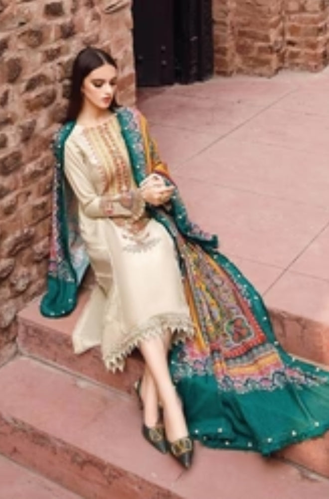 Maria B - 3PC Unstitched Dhanak Embroidered Shirt with Printed Pashmina Wool Shawl and Trouser - RF0896