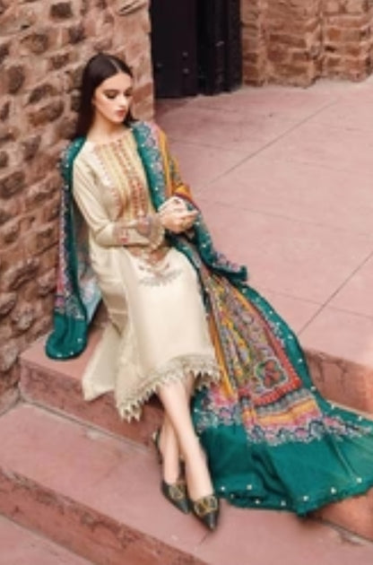 Maria B - 3PC Unstitched Dhanak Embroidered Shirt with Printed Pashmina Wool Shawl and Trouser - RF0896