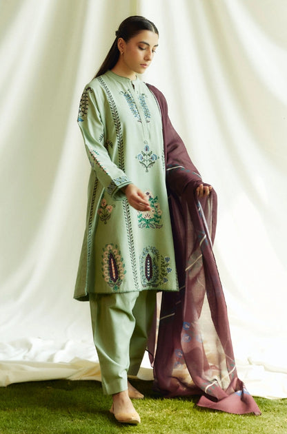 Zara Shah Jahan - 3PC Unstitched Dhanak Embroidered Shirt with Printed Pashmina Shawl and Trouser - RF1258