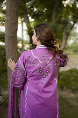 Aneelas - 3PC Unstitched Lawn Embroidered Shirt with Cotton Net Embroidered Dupatta and Trouser - RF1519 Royal Pret