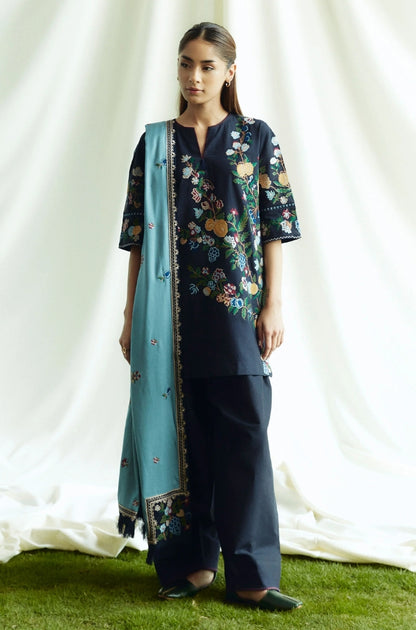 Zara Shah Jahan - 3PC Unstitched Dhanak Embroidered Shirt with Dhanak Embroidered Shawl and Trouser - RF1267