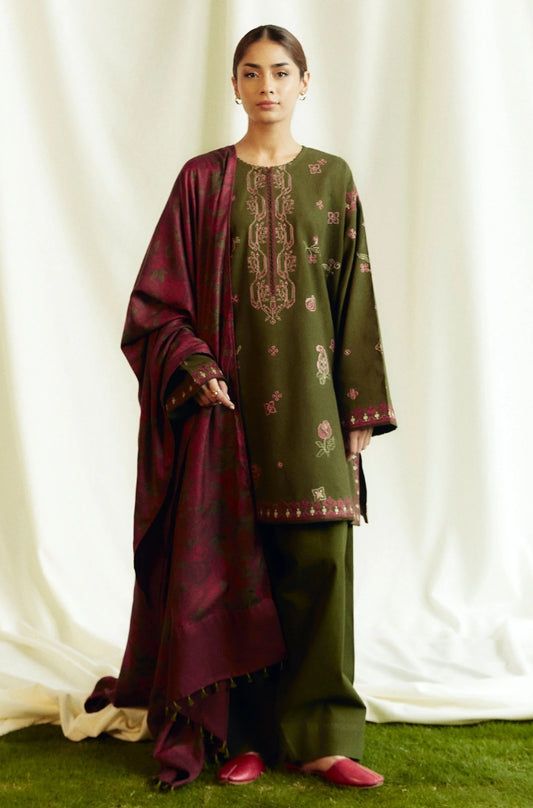 Zara Shah Jahan - 3PC Unstitched Dhanak Embroidered Shirt with Printed Pashmina Shawl and Trouser - RF1268