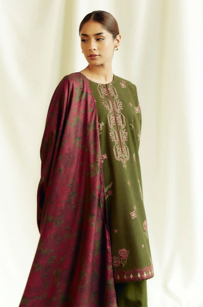 Zara Shah Jahan - 3PC Unstitched Dhanak Embroidered Shirt with Printed Pashmina Shawl and Trouser - RF1268