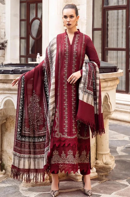 Maria B - 3PC Unstitched Dhanak Embroidered Shirt with Printed Wool Shawl and Trouser - RF1253