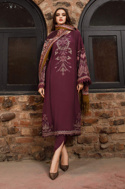 Maria B - 3PC Unstitched Dhanak Embroidered Shirt with Printed Wool Shawl and Trouser - RF1203