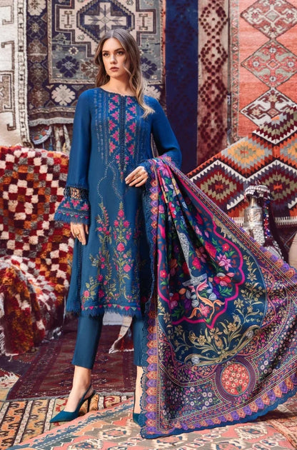 Maria B - 3PC Unstitched Dhanak Embroidered Shirt with Printed Wool Shawl and Trouser - RF1204