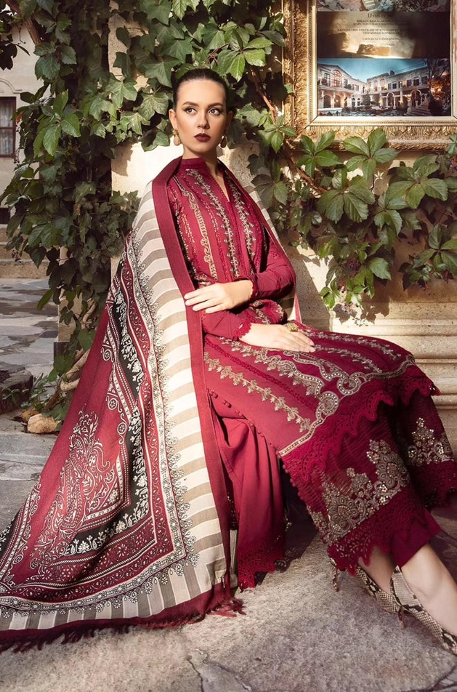 Maria B - 3PC Unstitched Dhanak Embroidered Shirt with Printed Wool Shawl and Trouser - RF1253