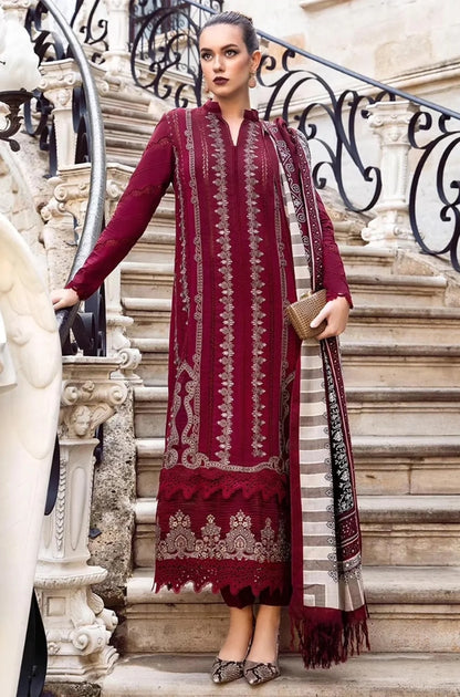 Maria B - 3PC Unstitched Dhanak Embroidered Shirt with Printed Wool Shawl and Trouser - RF1253